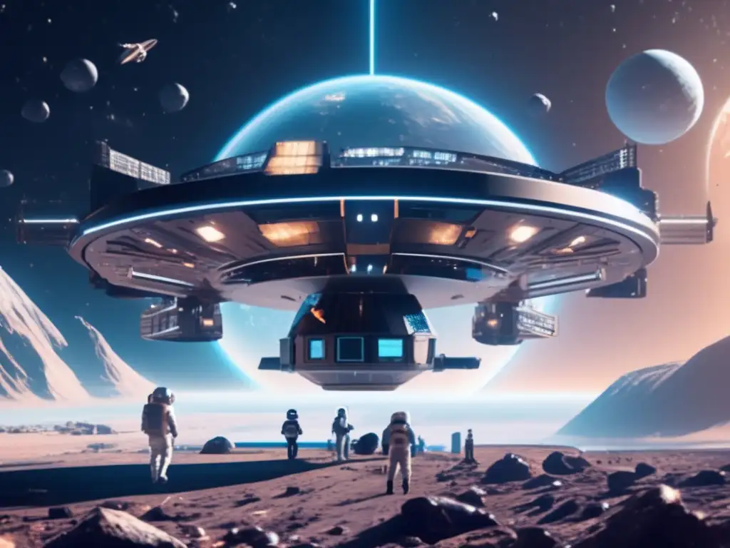 Turismo espacial en asteroides: Futurista estación espacial flotando en el espacio, rodeada de campos de asteroides