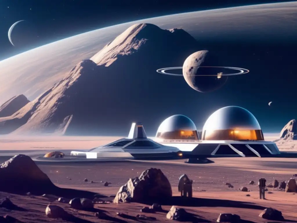 Turismo espacial en asteroides: Futurista espacioporto en asteroide con vistas impresionantes y naves avanzadas para exploración y minería