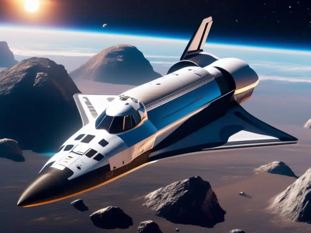 Turismo espacial en asteroides: una imagen impresionante de una nave espacial futurista flotando graciosamente sobre un enorme asteroide