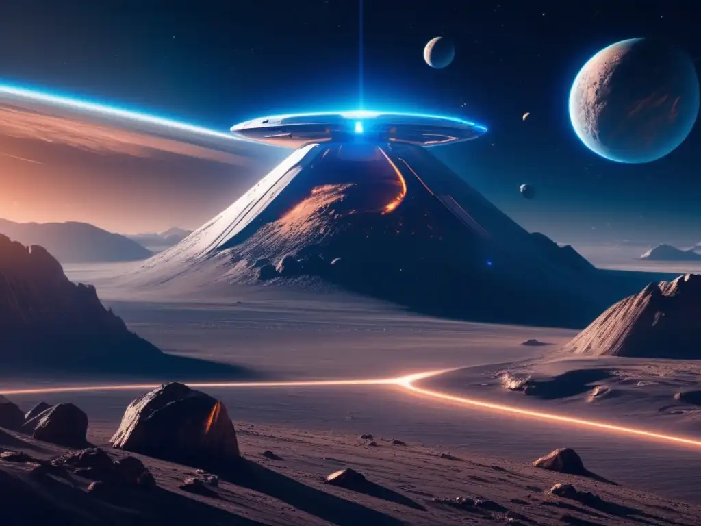 Turismo espacial en asteroides: nave elegante y avanzada flotando sobre superficie rocosa, con luz azul y galaxia de fondo