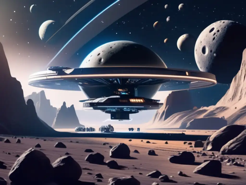 Turismo espacial en asteroides troyanos: estación espacial futurista en un denso cinturón de asteroides, con astros de distintos tamaños y formas