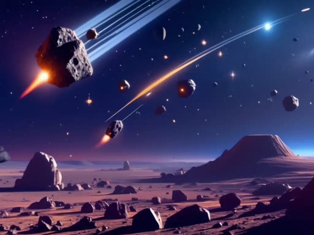 Turismo espacial en asteroides troyanos: Increíble vista de un campo de asteroides con turistas maravillados en una nave futurista