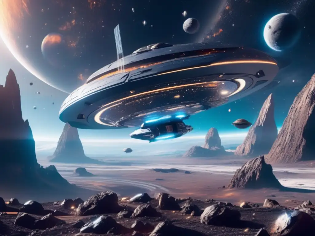 Turismo espacial en asteroides troyanos: una estación espacial futurista rodeada de asteroides