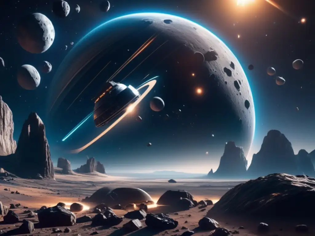 Turismo espacial en asteroides troyanos: Estación futurista rodeada de asteroides, turistas flotando en el espacio, panorama impresionante