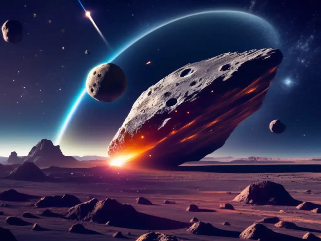 Turismo espacial en asteroides: vista impresionante de un asteroide en el espacio, rodeado de estrellas y una nave futurista