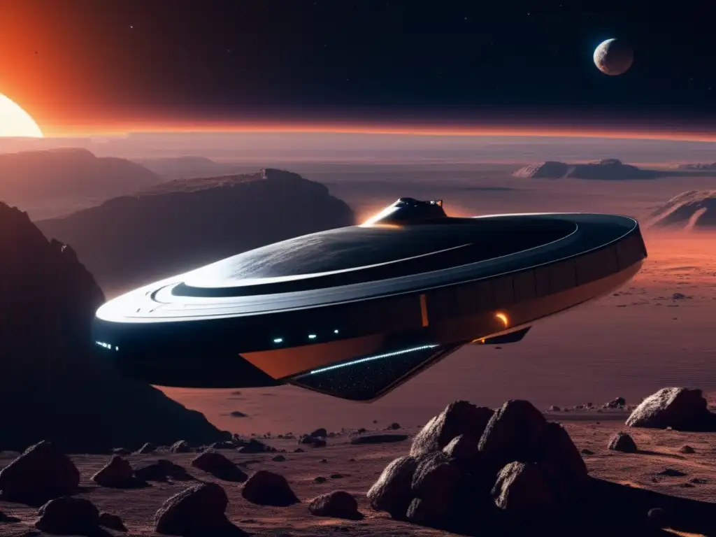 Turismo espacial en asteroides: vista cinematográfica de nave futurista sobre NEO gigante