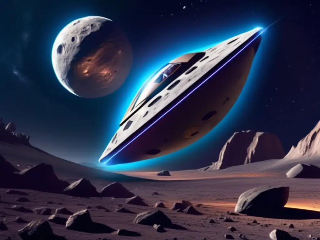 Turismo espacial en asteroides: vista impresionante de una nave futurista sobre un enorme asteroide en el espacio