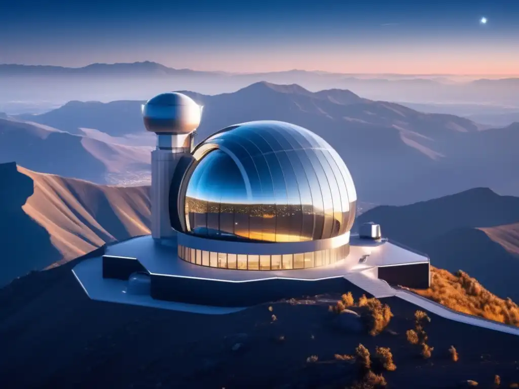 Ultradescripción: Observatorio tecnológico en la cima de una montaña, equipado con telescopios avanzados y tecnología de detección de asteroides