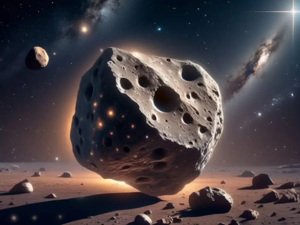 Ultradetalle de asteroide rocoso en el espacio, con estrellas y galaxias brillantes