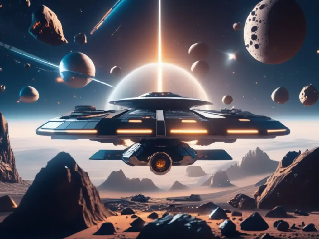 Ultradetalle de estación espacial futurista rodeada de asteroides: maravilla tecnológica que ilustra la explotación de asteroides