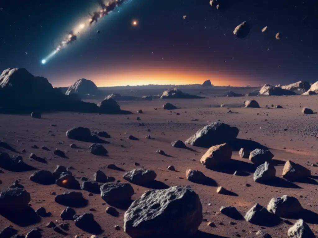 Campo de asteroides en 8k con nave minera avanzada Ultradetalle, 8k imagen de campo asteroides masivo con variados tamaños y formas, iluminados por estrella cercana