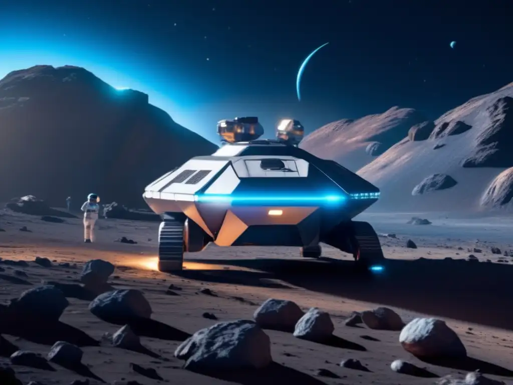 Ultradetalle: nave espacial futurista explorando asteroide en busca de vida extraterrestre