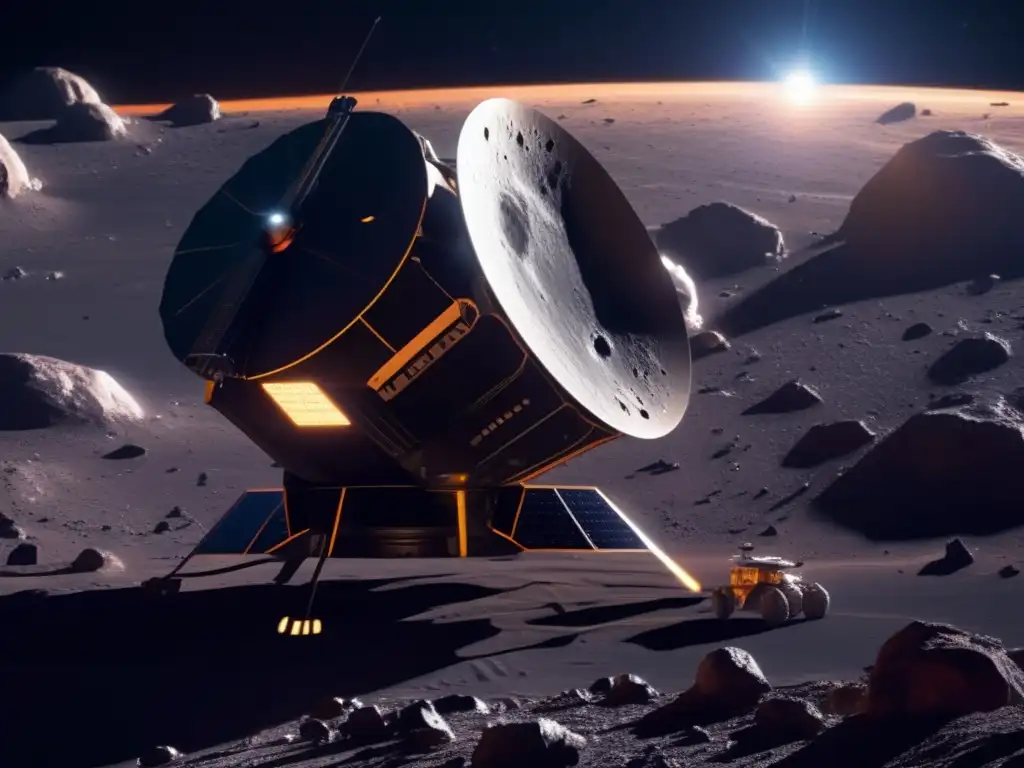 Ultradetalle sonda espacial futurista frente asteroide C: tecnología, desafío cósmico y búsqueda conocimiento
