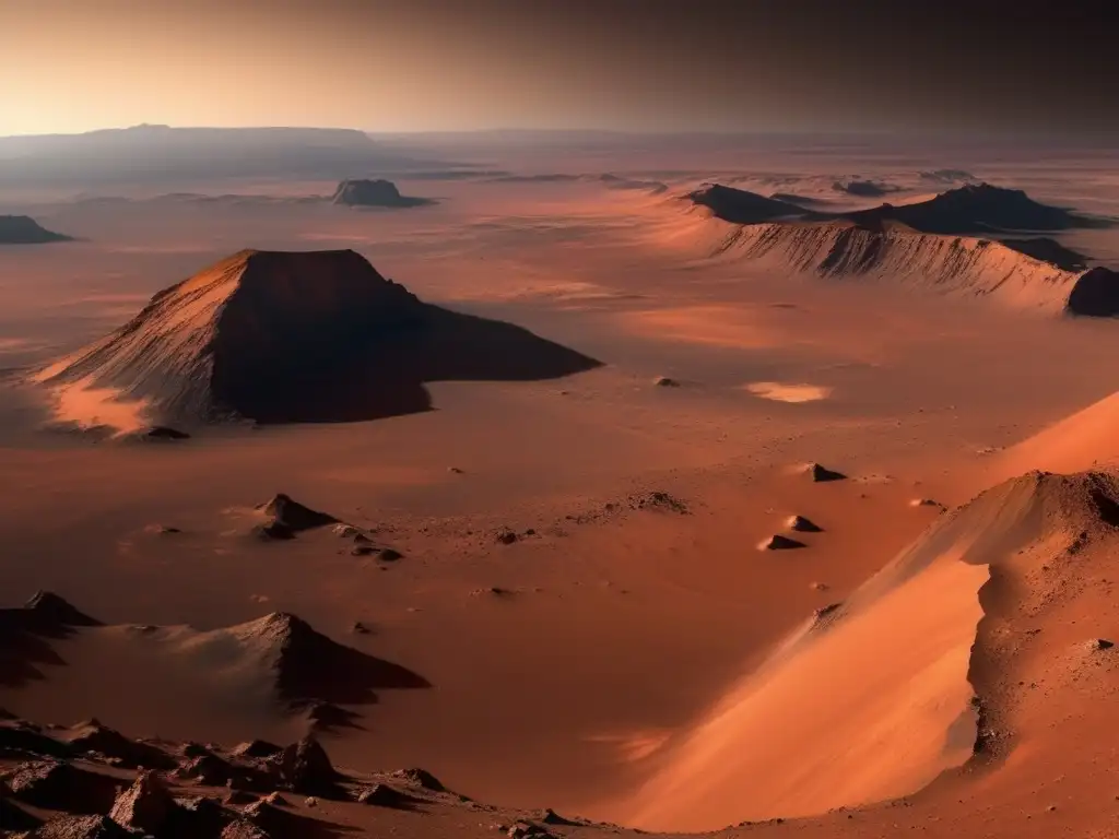 Ultradetalle superficie marciana: paisaje rocoso, cráter, colinas y mesetas