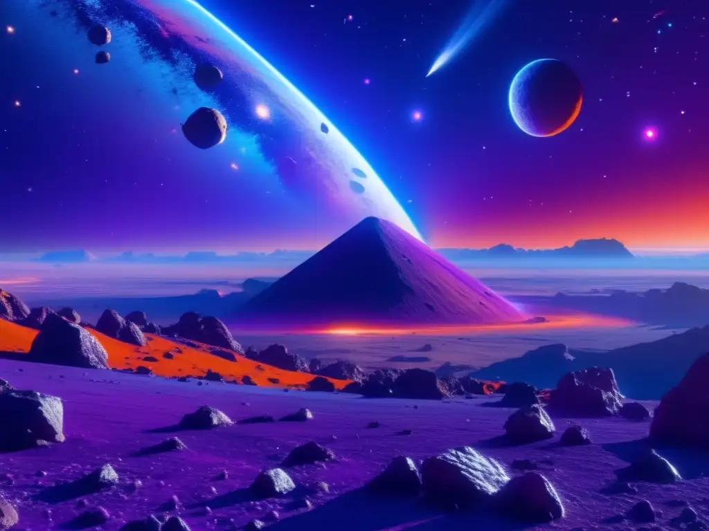 Uso de asteroides en literatura: imagen impresionante de campo de asteroides con colores vibrantes y nave espacial
