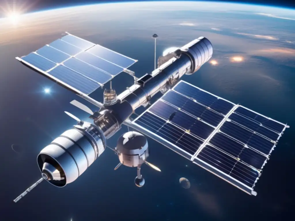 Ventajas de paneles solares en órbita: estación espacial futurista capturando energía limpia