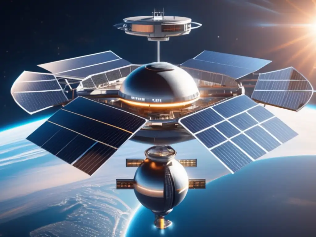 Ventajas de paneles solares en órbita: estación espacial futurista con paneles solares brillantes, tecnología avanzada y energía ilimitada