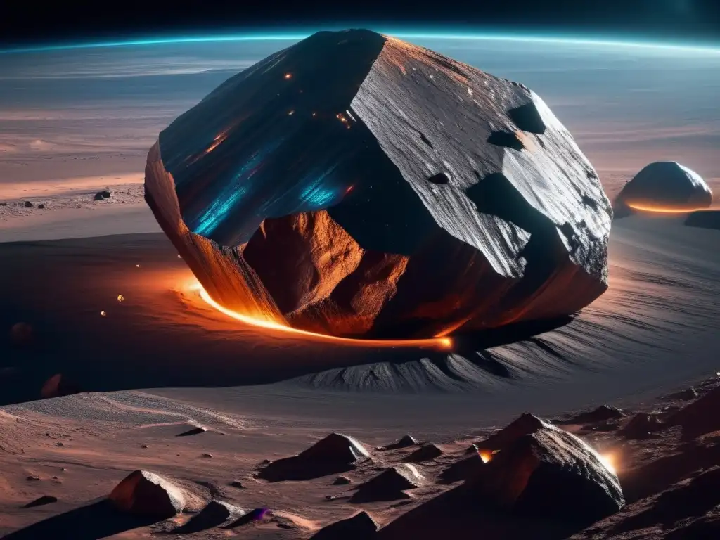 Viabilidad minar asteroides cercanos: imagen espectacular de minería espacial en 8k con asteroide gigante y nave avanzada
