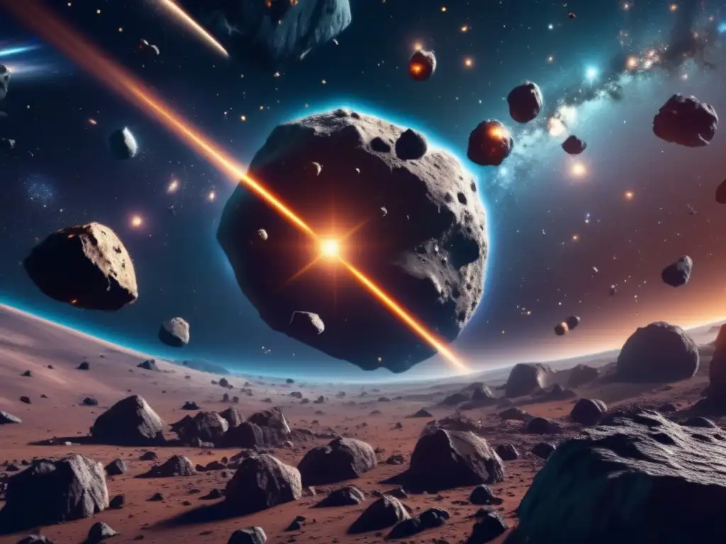 Representación vibrante de un campo de asteroides en el espacio - Comité ONU asteroides impacto futuro