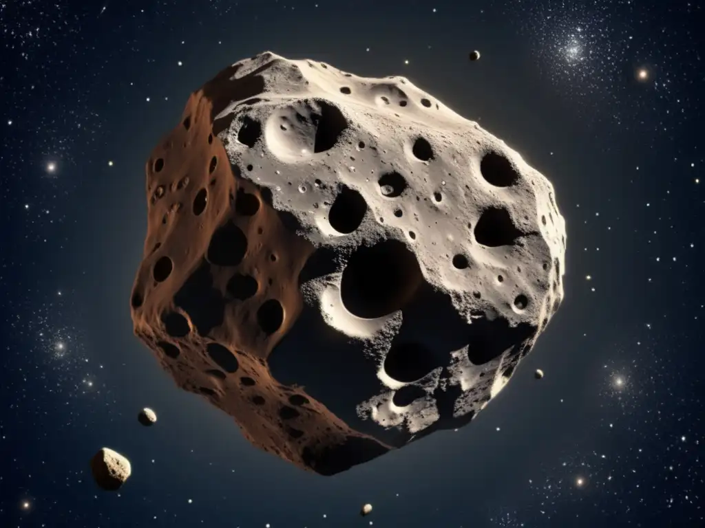 Vida en asteroides tipo C: asombrosa vista de un asteroide tipo C en el espacio, con cráteres, formaciones rocosas y tonos de gris y marrón