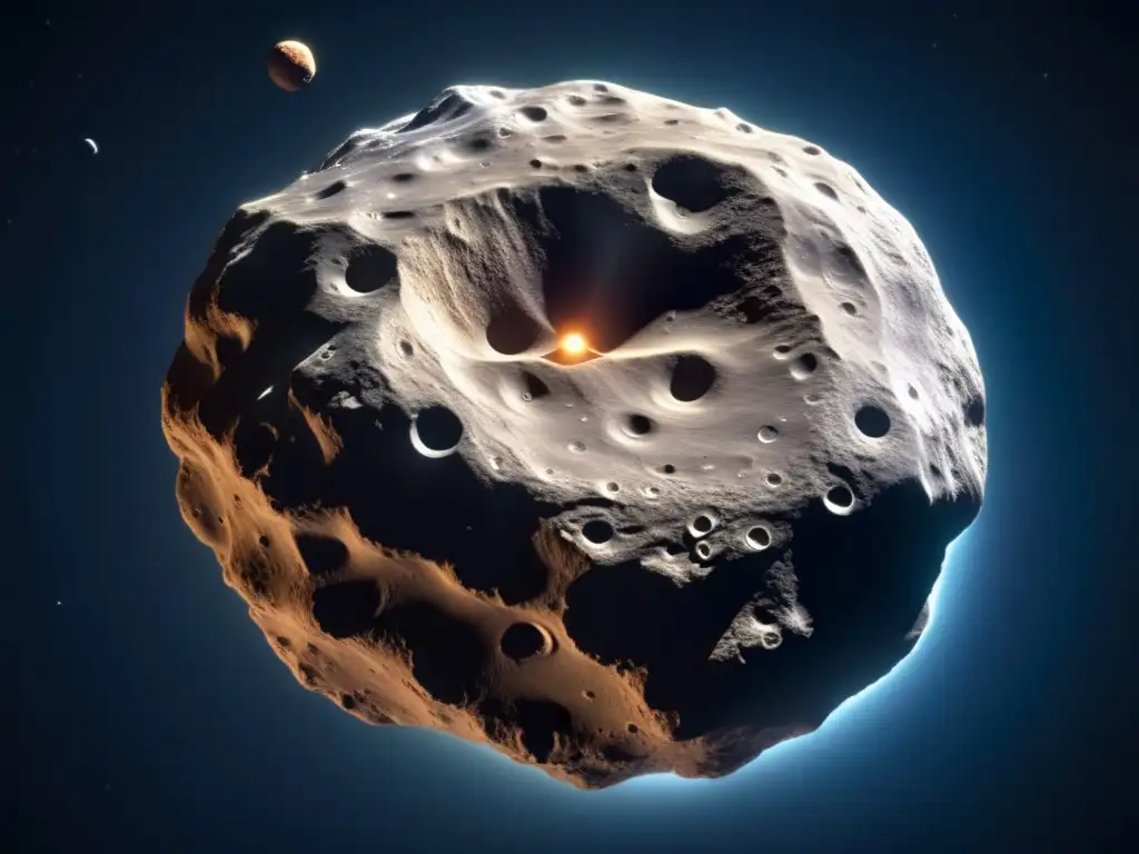 Vida en asteroides tipo C: espectacular imagen de un asteroide flotando en el espacio, con superficie irregular, terreno rugoso y cráteres