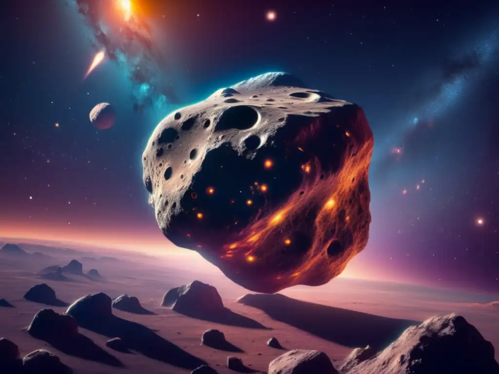 Vida en asteroides tipo C, cautivante imagen 8k de un asteroide flotando en el espacio con textura única, cráteres y una nebulosa vibrante