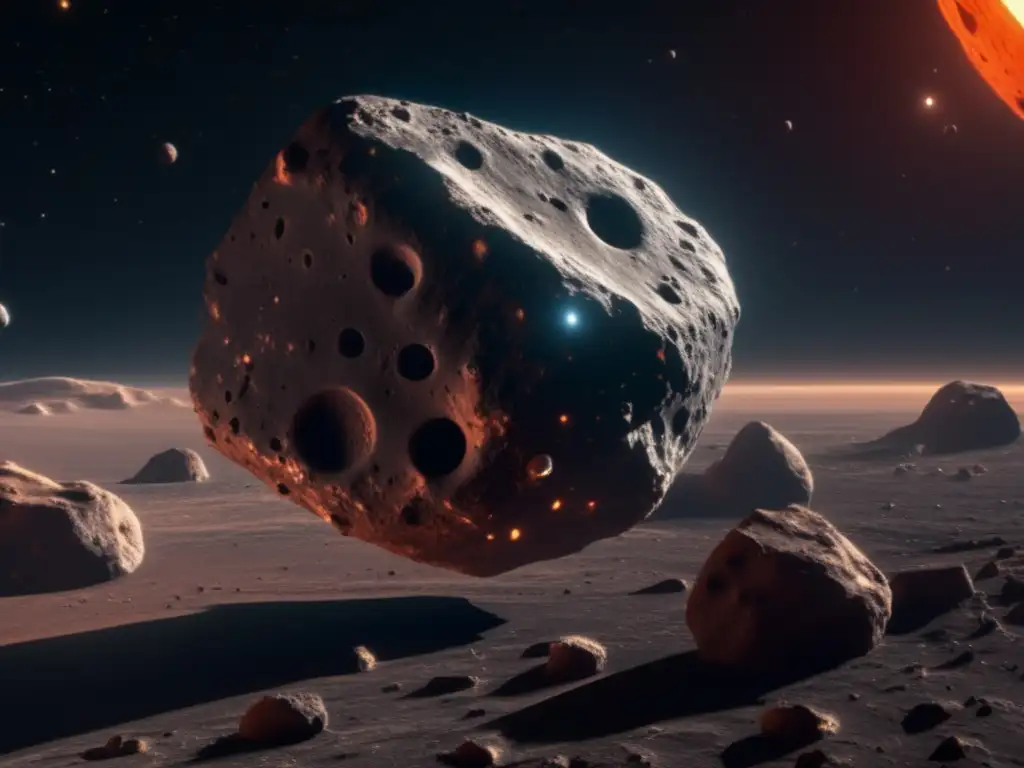 Vida extraterrestre en asteroides: imagen 8k mostrando asteroide con cráteres y sonda científica avanzada