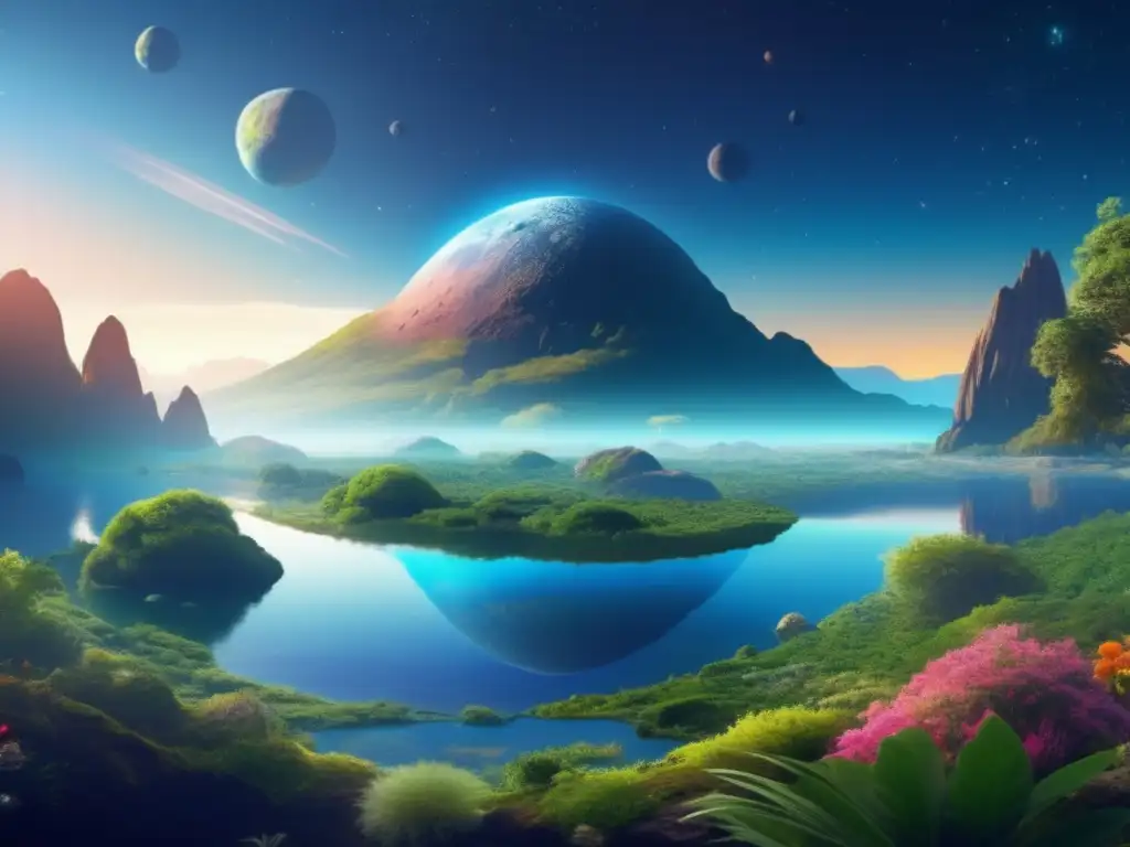 Vida humana en asteroides terraformados: paisaje asombroso con exuberante vegetación, agua cristalina y atmósfera vibrante