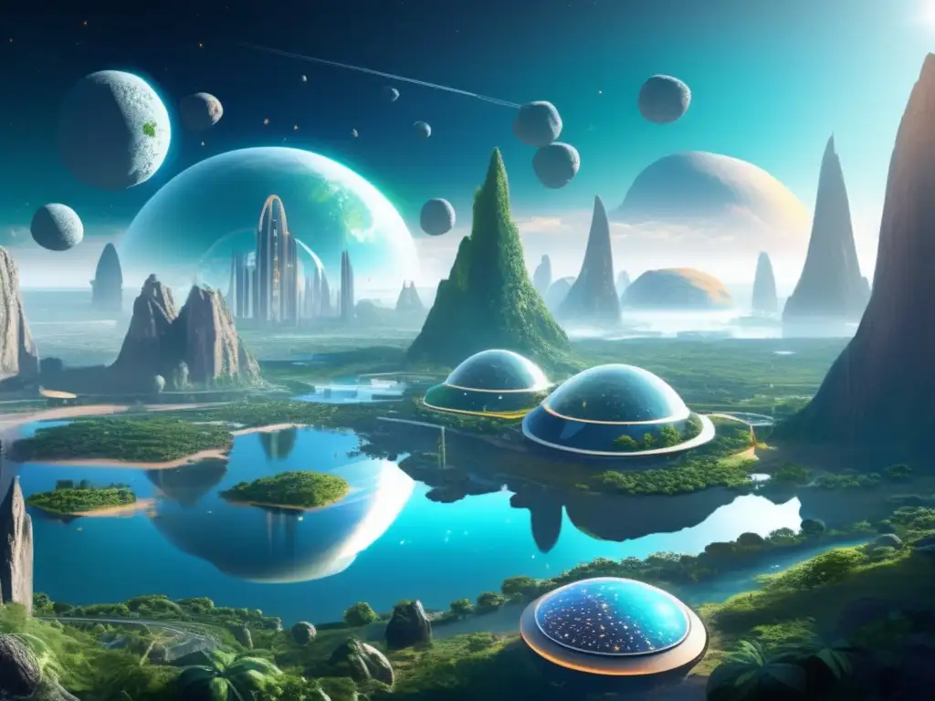 Vida humana en asteroides terraformados: imagen detallada de una colonia futurista, llena de actividad y vegetación