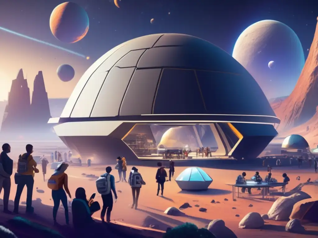 Vida social en hábitats de asteroides: Futurista complejo habitacional con interacciones sociales y colaboración científica en un entorno único
