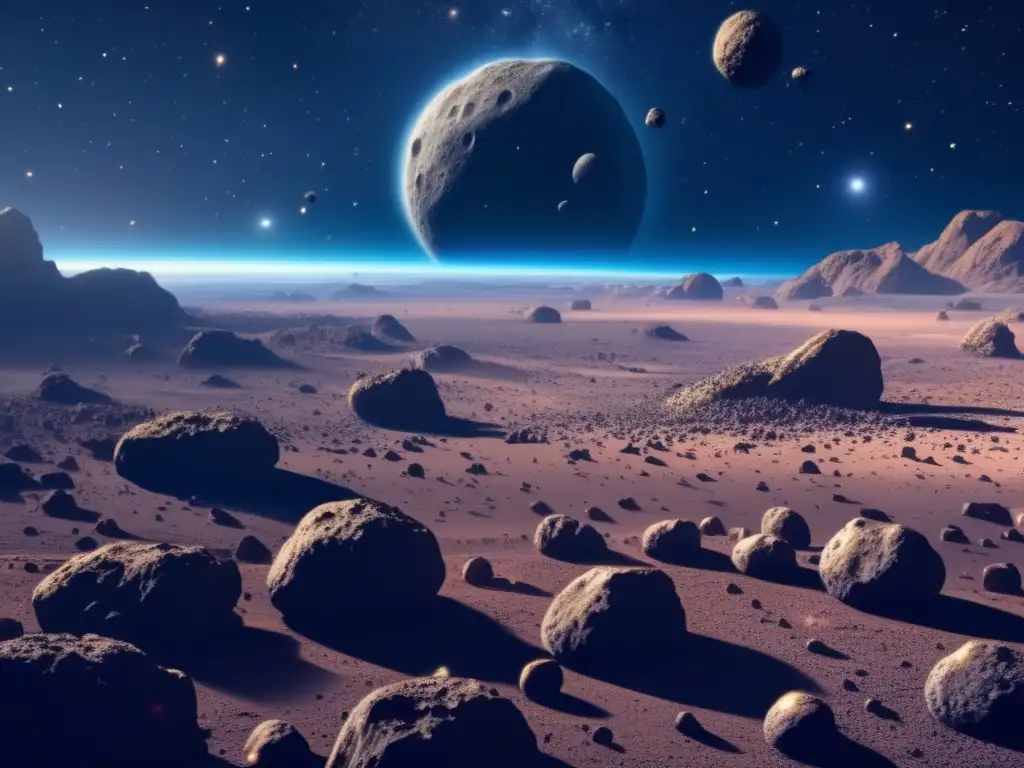 Vida sostenible en asteroides: escena detallada de un vasto campo de asteroides con astronautas, investigación y recursos