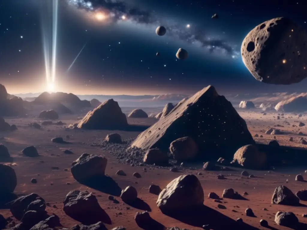 Vida sostenible en asteroides: Imagen impactante de campo de asteroides en el espacio, con superficie rugosa, cráteres y formaciones rocosas