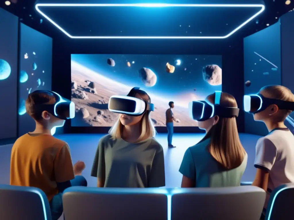 Los videojuegos educativos de asteroides en una futurista y detallada imagen 8k de estudiantes inmersos en un juego de realidad virtual