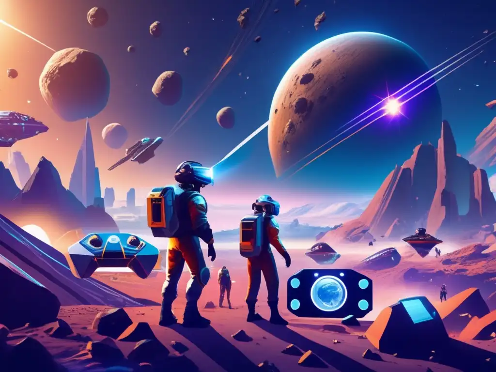 Los videojuegos educativos de asteroides en un mundo futurista en el espacio