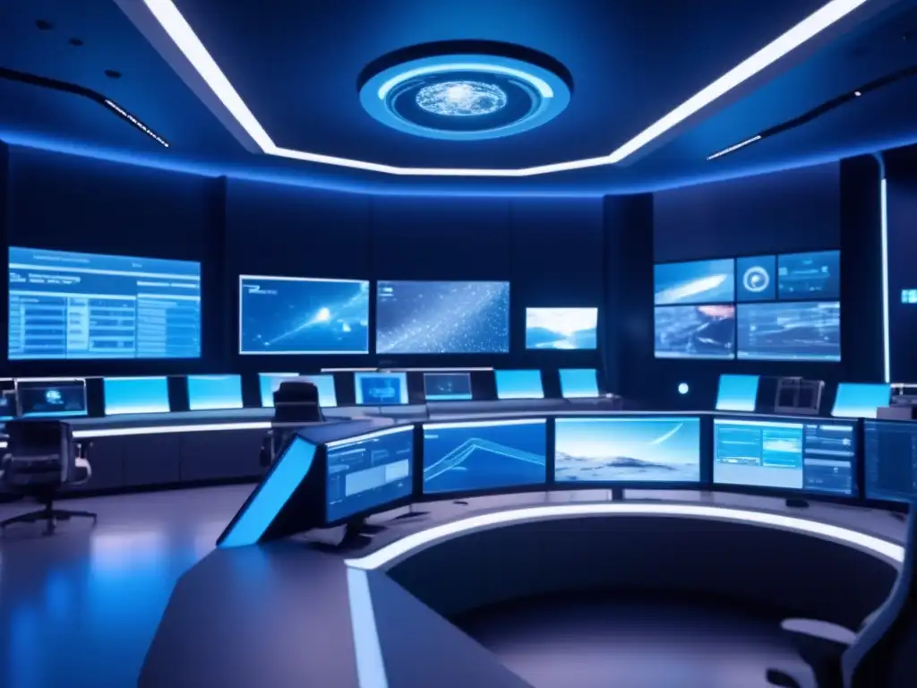 Vigilancia asteroides agencias espaciales: Control room futurista en agencia espacial, científicos analizan datos de asteroides