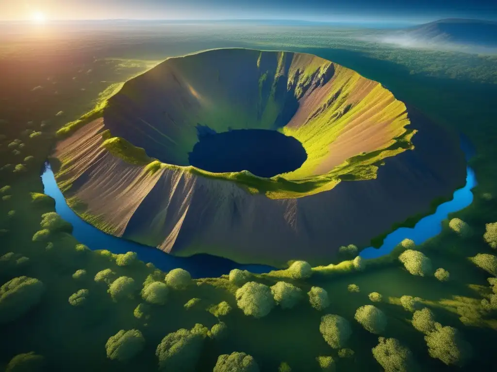 Vista aérea impactante de un cráter de impacto rodeado de vegetación exuberante y formaciones rocosas fascinantes