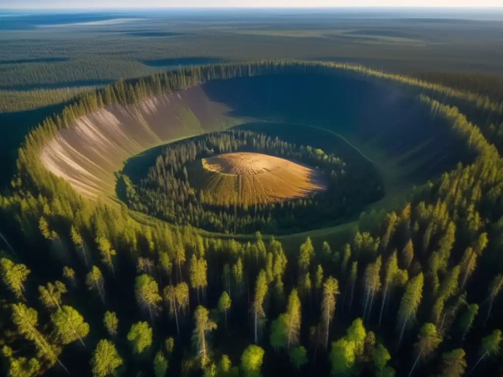 Vista aérea impactante Tunguska, con bosques densos, cráter masivo, destrucción y legislación internacional sobre asteroides