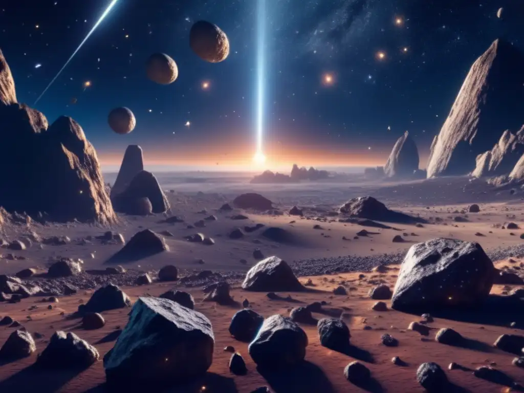Vista asombrosa de campo de asteroides en el espacio: Terraformación asteroide: nuevas industrias