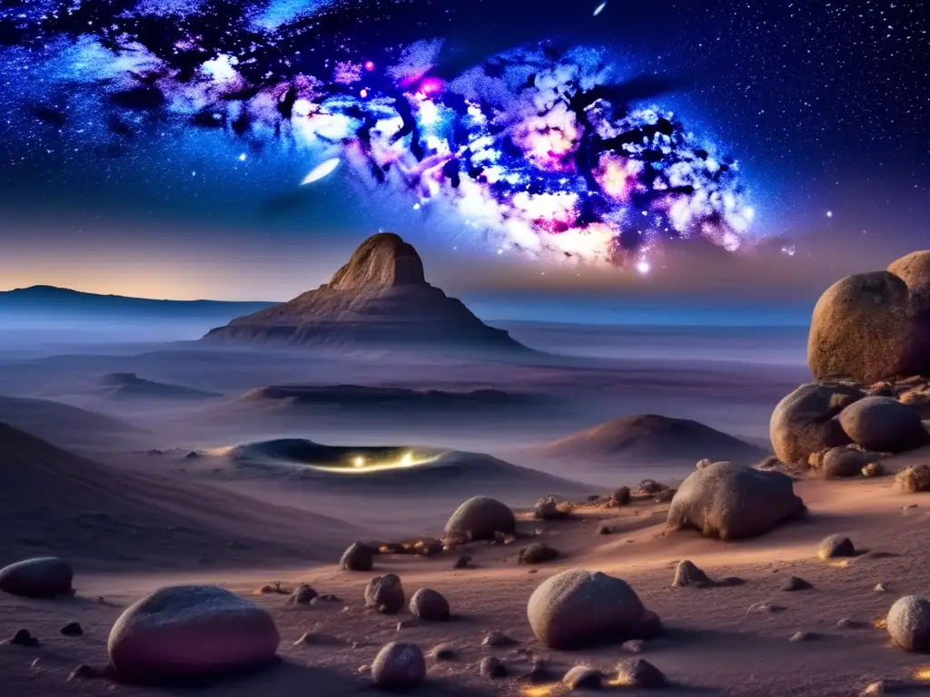 Vista asombrosa del cielo nocturno con estrellas brillantes, la Vía Láctea y un asteroide