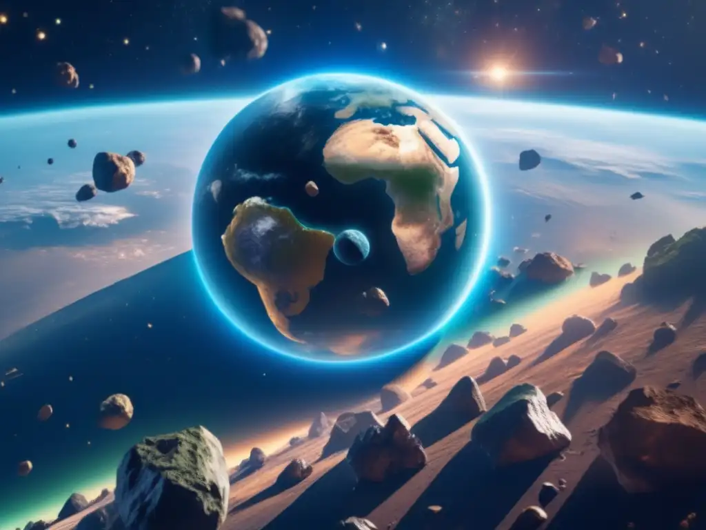 Vista asombrosa de la Tierra desde el espacio, con asteroides acercándose