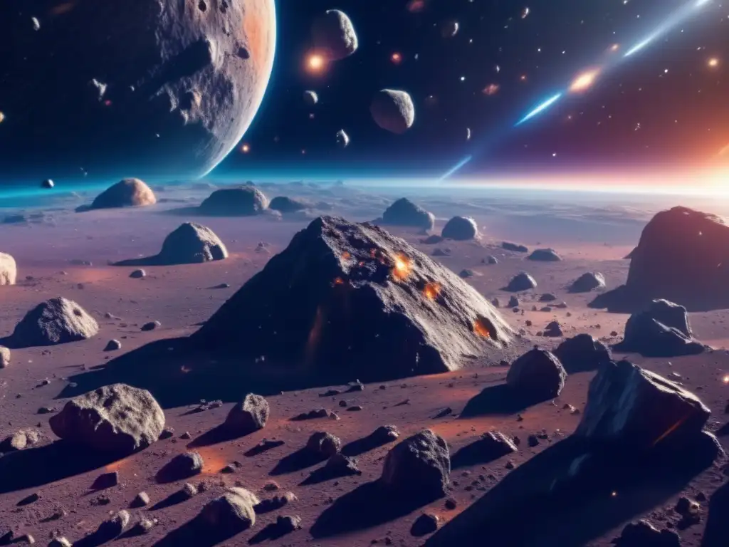 Vista de campo de asteroides 8k ultradetallado, con nave espacial futurista