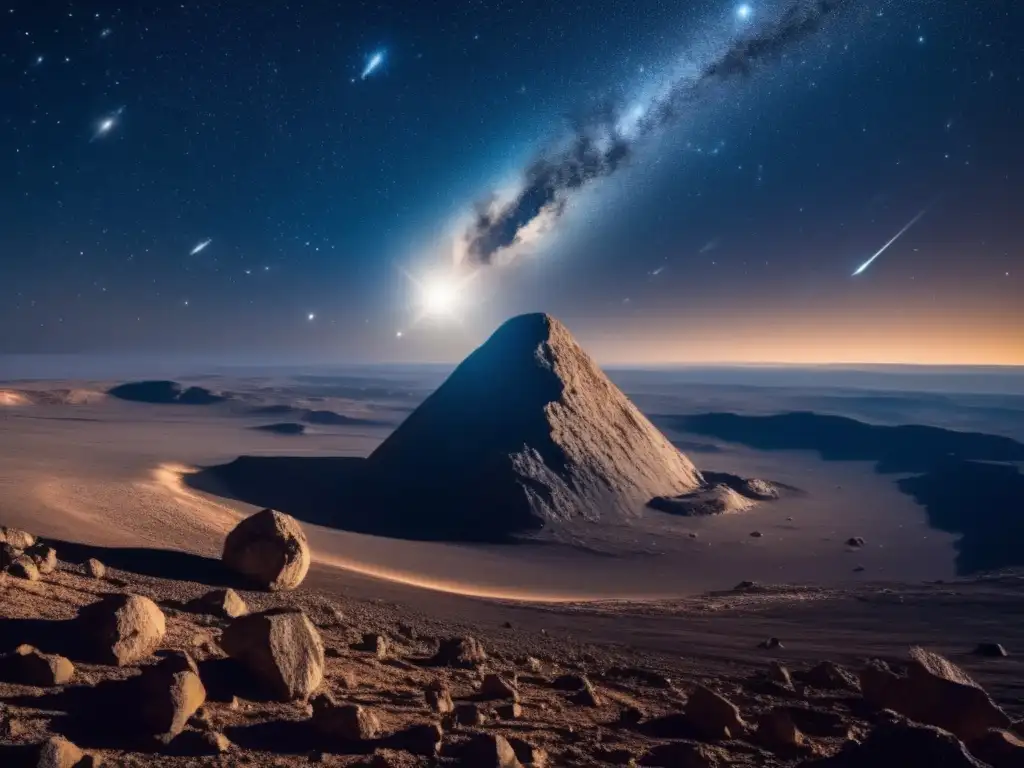 Vista cautivadora del cielo nocturno con estrellas brillantes y un asteroide que crea sombras en un planeta distante