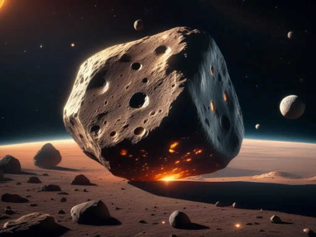 Vista cercana de un asteroide en el espacio con rica composición y texturas, inspirando materiales para innovación interestelar