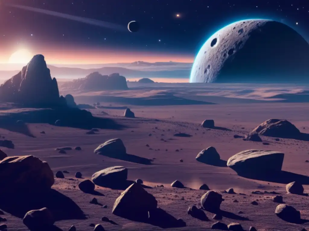 Vista cinematográfica de campo de asteroides en el espacio