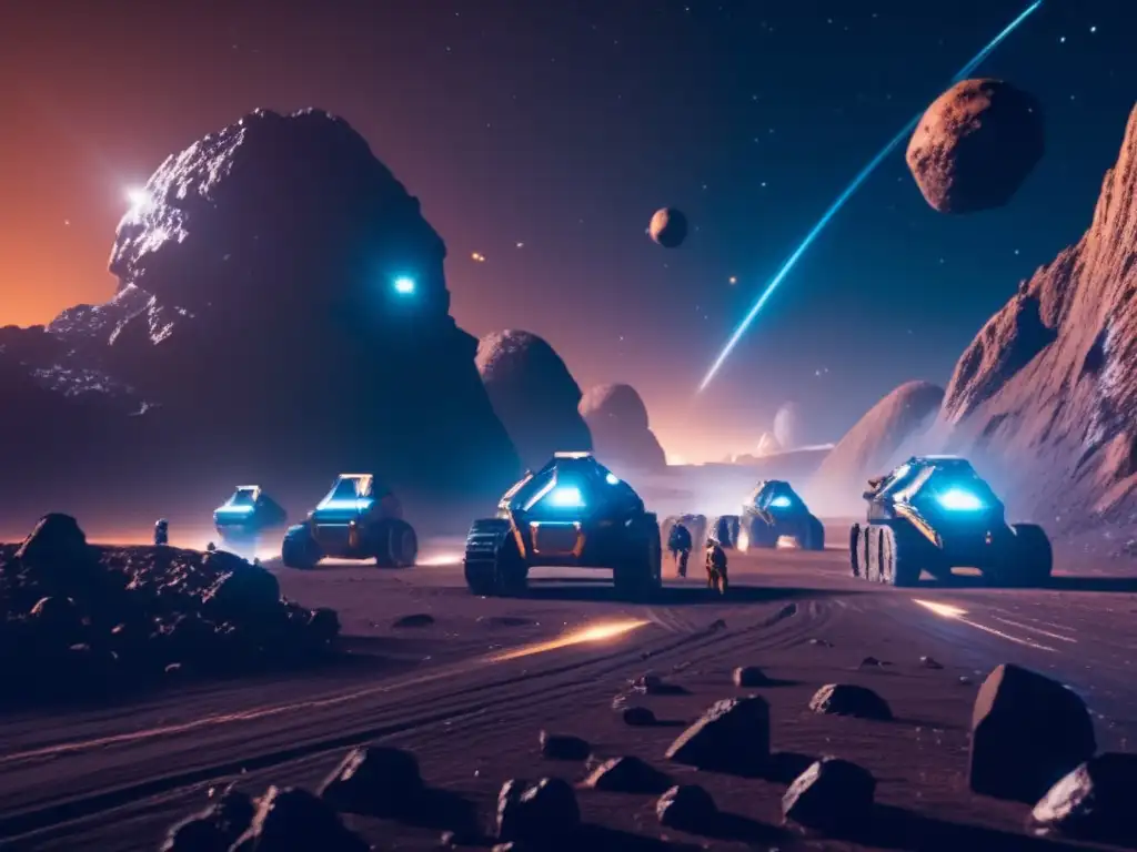 Vista cinematográfica de espacio con asteroides y mina futurista: Financiación proyectos espaciales asteroides