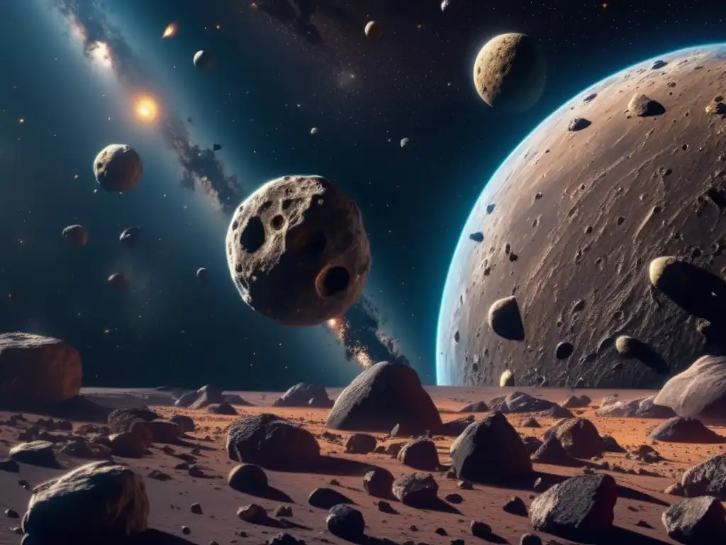 Vista deslumbrante del cinturón de asteroides, resolución 8k, con detalles y variedad de formas, tamaños y texturas de los asteroides