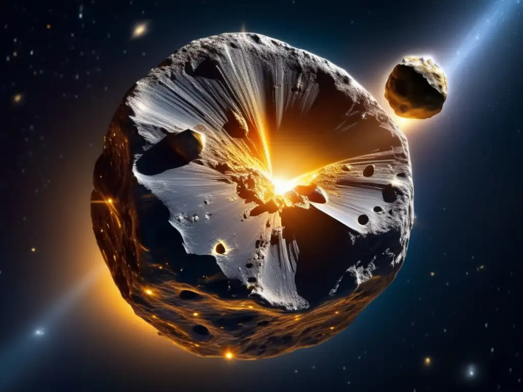 Vista detallada del asteroide Psyche iluminado por el Sol, con superficie metálica dorada y forma irregular similar a un diamante en el espacio