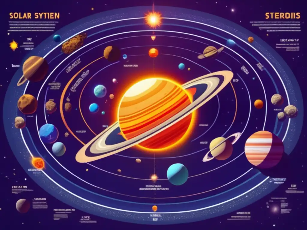 Vista detallada del sistema solar con enfoque en asteroides: Tipos y origen