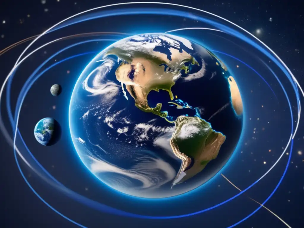 Vista detallada 8k de la Tierra desde el espacio, con órbitas de Apollotype en distintos tonos azules representando su cercanía a la órbita terrestre