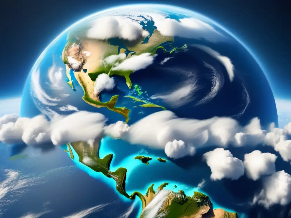Vista detallada de la Tierra desde el espacio, resaltando sus océanos azules, continentes verdes y nubes blancas